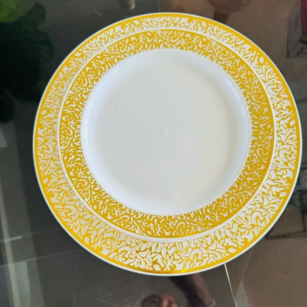 20 NEW Gold Swirl Rim White Plastic Disposable Party Plates Polka Dot Napkins